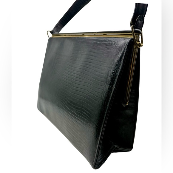 Vintage Black Leather Kelly Bag Reptile Embossed Structured Handbag - Picture 6 of 10